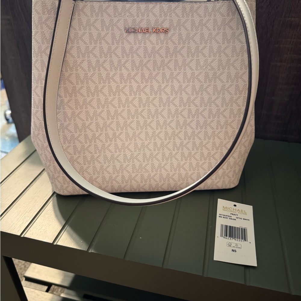 Michael Kors Pratt Medium Shoulder Bucket Bag Signature MK Logo Optic White
